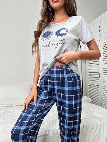 SweatyRocks Women's 2 Piece Pajama Set Short Sleeve Graphic Print Top and Plaid Pants Set in Saudi Arabia