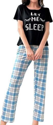 SweatyRocks Women's 2 Piece Pajama Set Short Sleeve Graphic Print Top and Plaid Pants Set in Saudi Arabia