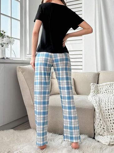 SweatyRocks Women's 2 Piece Pajama Set Short Sleeve Graphic Print Top and Plaid Pants Set in Saudi Arabia