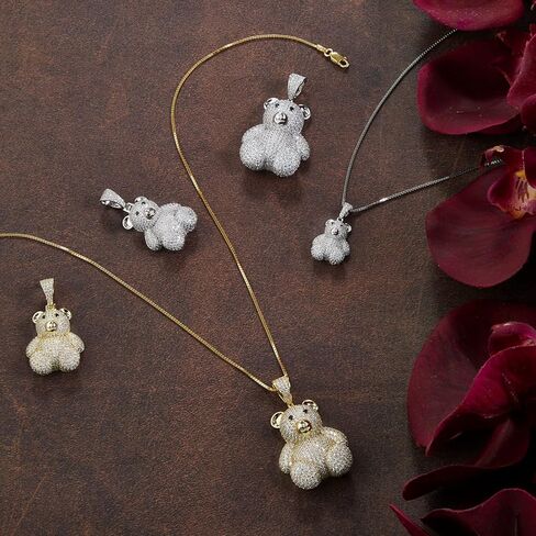 قلادات تيدي بير للنساء - قلادة من الفضة الإسترلينية مع قلادة أحجار زركونيا مكعبة - قلادة مع سلسلة ربط مربعة مقاس 18 بوصة لعيد الميلاد in Kuwait