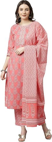 Janasya Women's Day Light Pink Cotton Kurta with Pant and Dupatta in Saudi Arabia