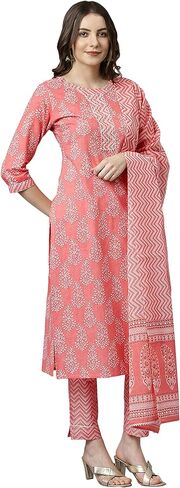 Janasya Women's Day Light Pink Cotton Kurta with Pant and Dupatta in Saudi Arabia