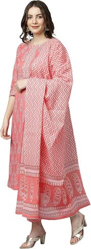 Janasya Women's Day Light Pink Cotton Kurta with Pant and Dupatta in Saudi Arabia
