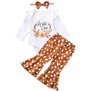 Baby Girl 1st Birthday Clothes First Birthday Flare Pant Outfit One Year Old Birthday Wild One Deer Bodysuit