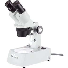 AmScope SE306R-AY Forward-Mounted Binocular Stereo Microscope, WF10x and WF15x Eyepieces, 20X/30X/40X/60X Magnification, 2X and 4X Objectives, Upper and Lower Halogen Lighting, Reversible Black/White Stage Plate, Arm Stand, 120V