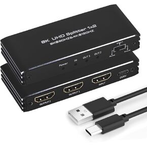 8K@60Hz HDMI Splitter 1 in 2 Out, 1x2 HDMI 2.1 Splitter Support 4K@120Hz, 1080P@240Hz VRR HDCP2.3 HDR HDR10 48Gbps EDID Dolby Atmos 7.1ch