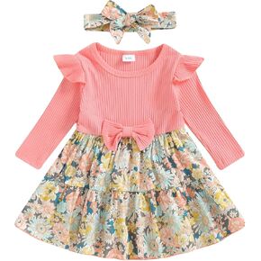 WZTYYDS Toddler Baby Girl Fall Clothes 6 9 12 18 24 Months Ruffled Long Sleeve A Line Floral Dress 2T 3T 2Pcs Outfits