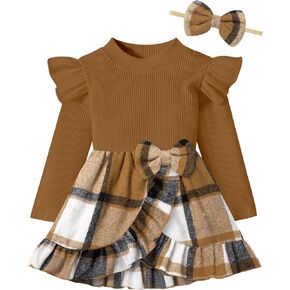 WIQI Baby Girl Dress Ruffle Sleeve Plaid Dresses Ribbed Infant Girl Fall Winter Outfits with Bowknot Headband