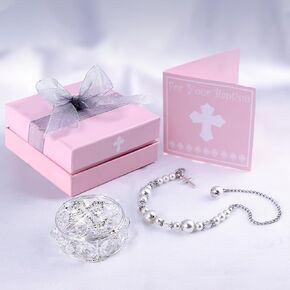 Baptism Gifts for Girl,Catholic Cross Baby Bracelets for Infant Girls and Baptism Card with Silver Jewelry Keepsake Box,Christening Gifts for Girls,Dedication Baptismal Gifts for Girls or Kids