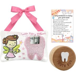Tooth Fairy Set of 3 with 3D Carved Tooth Box Girl Tooth Pillow Set Tooth Fairy Tooth Lost Souvenirs with Cards (3pcs Tooth Fairy)