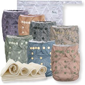 Nora's Nursery Cloth Diapers 7 Pack with 7 Inserts & 1 Wet Bag - Waterproof Cover, Washable, Reusable & One Size Adjustable Pocket Diapers for Newborns and Toddlers - Ballet Slippers