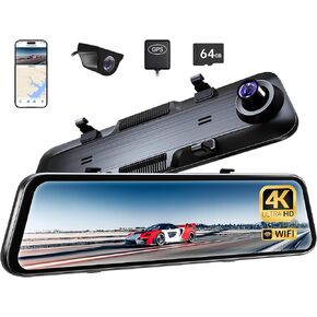P12 Plus 4K WiFi Rear View Mirror Camera, 12" Mirror Dash Cam Front and Rear, Backup Camera for Car, 64GB Card & GPS Included, Smart Driving System ADAS/BSD/LCA, Enhanced Night Vision