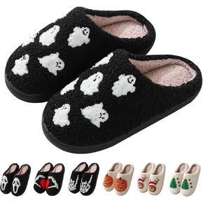 Halloween Slippers for Women Men, Soft Plush Fuzzy Winter holiday slippers, Retro Cozy House Slippers, Comfy Bedroom Christmas Slippers Indoor Outdoor Shoes