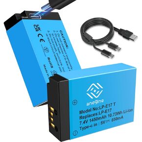 LP-E17 Battery 1450mAh and 2 in 1 USB-C Charging Cable for Canon EOS R10/R50/RP/R8, Rebel SL3/SL2/T8i/T7i/T6i/T6s, EOS M3/M5/M6/M6 Mark II/200D/250D/77D/750D/760D/800D/8000D Camera (2-Pack)