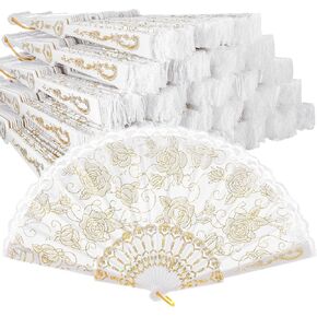 Yalikop 100 Pieces Rose Lace Floral Hand Fans Retro Elegant Chinese Folding Fan White Vintage Bridal Handheld Dancing Fan Props for Wedding Party Church Ladies Favors (Silver)
