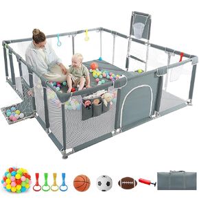 Baby playpen, 79"x71"Baby Playpen with Mat Indoor＆Outdoor Playpen for Babies and Toddlers with Breathable Play Pen with Ocean Balls Hanging Pocket Basketball Hoop and Football Goal