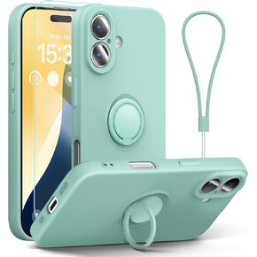 ABITKU for iPhone 16 Pro Case with Ring Stand, Liquid Silicone Slim Design Support Magnetic Car Mount (with Wrist Strap Lanyard) Phone Cover for iPhone 16 Pro, 6.3 inch, Mint