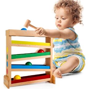 Bravmate Wooden Pound-A-Ball Toy, Montessori Ball Tracker for Baby 1-3 Year Old, Early Learning Educational Gift for Girls Boys