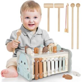 DINORUN Montessori Toys for 1 Year Old Boy Gifts: Wooden Hammering Pounding Toy with Xylophone/Fishing Game for Toddler Girls Age 1-2, 1st One First Christmas Birthday Gift for Baby 6-12-18 Months