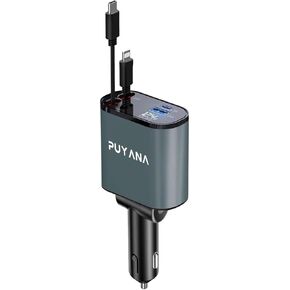 PUYANA Retractable Car Charger, 4 in 1 Fast Car Phone Charger, 2 Retractable Cables(31.5 inch) and 2 Charging Ports, 180°Rotary Car Accessories, Compatible with iPhone 15//14/13/12/11, Galaxy, Pixel