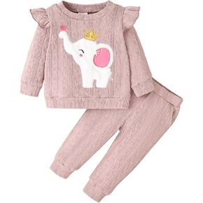 Baby Girl Clothes Outfits Fall Winter Ruffle Long Sleeves Cute Elephant Sweatshirt Pants Set 3-24 Months in Kuwait