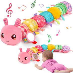 Baby Girls Toys 0-6 Months Musical Stuffed Animal Caterpillar Pink Toys for Infant 0-3 3-6 Months Tummy Time Sensory Toy with Mirror Crinkle Rattle Birthday Gifts for 3 4 5 6-12 Month Old Newborn Boys