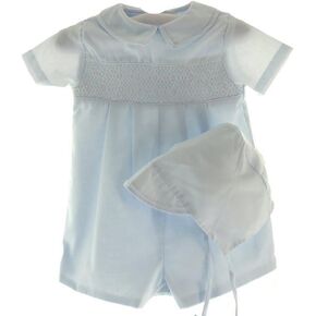 Infant Boys Blue Smocked Baptism Romper Outfit & Hat Set