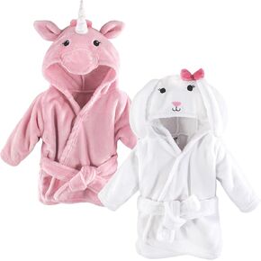 Hudson Baby Unisex Baby 2Pc Plush Animal Face Bathrobe, Pink Floral Rose, 0-9 Months