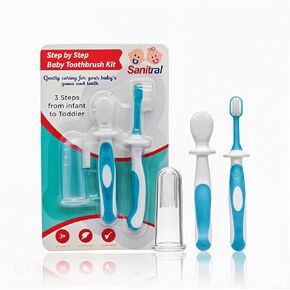Baby's First Toothbrush Kit -Step by Step Toothbrush Kit 0-2 Years - Safety-Tested & BPA-Free 3-Pack (Finger Toothbrush Baby, Silicone Toothbrush Baby, and Toddler Toothbrush)-Blue