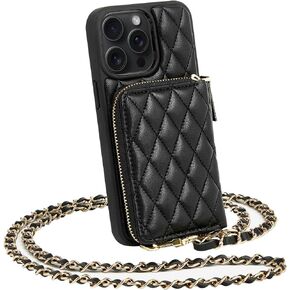 LAMEEKU for iPhone 14 Pro Max Case Wallet, Card Holder Case with Crossbody Chain Quilted Leather Purse Case RFID Protective Case Compatible with iPhone 14 Pro Max, 6.7 Inch-Black