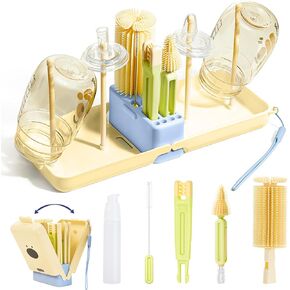 Trustnice Baby Bottle Brush Set, 8 in 1 Travel Bottle Cleaner Kit with Silicone Bottle Brush, Nipple Brush, Straw Cleaner Brush, Soap Dispenser, Drying Rack, Baby Essentials for Home and Travel