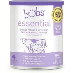 Bubs Essential Infant Formula, with Iron, Cow Milk-Based Powder, for Infants 0-12 Months, Made with Non-GMO Milk, 20 oz