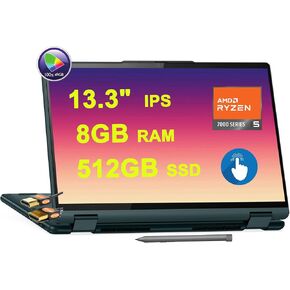 لاب توب لينوفو يوجا 6 2 في 1 شاشة لمس WUXGA IPS مقاس 13.3 بوصة (100% sRGB، لامعة، ضوء أزرق منخفض TÜV) AMD 6-core Ryzen 5 7530U، ذاكرة وصول عشوائي 8 جيجابايت، 512 جيجابايت SSD، بصمة إصبع خلفية USB-C، قلم Win11 باللون الأزرق المخضر + كابل HDMI