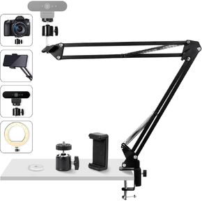 TEKING Webcam Stand for Desk, Foldable Long Arm Overhead Gooseneck Phone Holder for bed, Flexible Camera Mount & Projector Mount with 1/4'' Screw for Smartphone/Camera/Projector/Webcam Logitech, Black