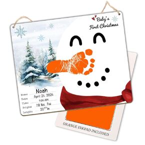 Snowman Orange Nose Baby's First Christmas DIY Footprint Hanging Sign Christmas 2024, Christmas Footprint Art Craft, Holiday Craft, School Activity, Kids Baby Toddlers, Gift, Memory Keepsake 6.5x8''