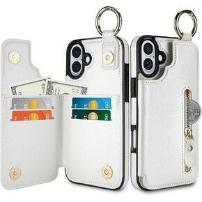 HianDier for iPhone 16 Case with Card Holder Zipper PU Leather for iPhone 16 Phone Case Finger Grip Ring Case for iPhone 16 Wallet Case for Women Magnetic Buttons Shockproof Case for iPhone 16-Black