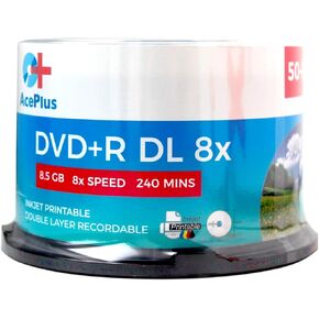 50 قرص DVD+R ثنائي الطبقة أبيض قابل للطباعة بمحور نفث الحبر مع سرعة تسجيل 8X ومساحة تخزين 8.5 جيجابايت في عمود Cakebox