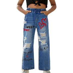 Floerns Toddler Girl's Elastic Waist Ripped Graphic Print Straight Leg Denim Pants