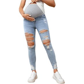 Women's Maternity Skinny Jeans Over The Belly Adjustable Elastic Waist Ripped Raw Hem Denim Pants