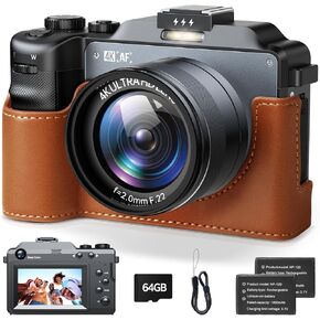 4K Digital Camera 64MP Dual Lens Vlogging Camera with Autofocus, 3.0'' Screen YouTube Camera with Flash 18X Zoom Point and Shoot Digital Camera with 64G Card and 2 Batteries, Compact