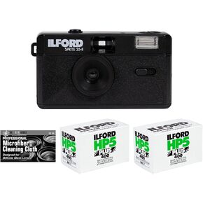 مجموعة من كاميرا Ilford Sprite 35-II القابلة لإعادة الاستخدام/إعادة التحميل مقاس 35 مم (أسود) مع لفتين من فيلم HP5 وقماش in Kuwait