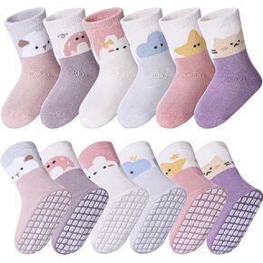 MQELONG 6 Pairs Baby Girls Non Slip Crew Socks Grips Socks for Infants Toddlers Kids Girls