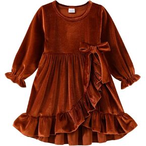 YOUNGER TREE Kids Toddler Dress Baby Girls Fall Dresses Ruffle Long Sleeve Bowknot Casual Winter Dress for Girl