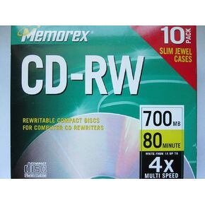 CD-RW 1x-4x, 80Min/700MB, Branded w/ Slim Jewel Cases, 10/PK, Sold as 1 Package
