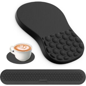 G JGOO Ergonomic Mouse Pad with Wrist Rest and Keyboard Wrist Rest, Mousepad with Memory Foam, Pain Relief & Non-Slip PU Base, Mouse Pad with Wrist Support for Laptop Computer Office, Black