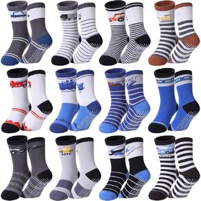 Toddlers Boys Non Slip Socks Baby Kids Grip Socks Crew Cotton Socks with Grippers 12 Pairs