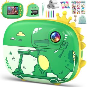 Kids Camera Instant Print 20MP 1080P Kids Digital Cameras for Boys Girls Ink Free Dinosaur Print Camera for Kids Aged 3-10 Toddler Camera for Kids Christmas Birthday Gifts (Green)
