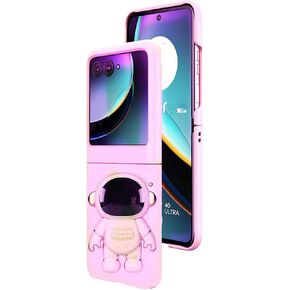 حافظة Moto Razr 2024 مع مسند رائد فضاء مخفي، حافظة هاتف Razr 2024 لطيفة من البولي كربونات خلفية ناعمة من السيليكون قابلة للطي وغطاء بناتي لهاتف Motorala Razr 2024 للفتيات والنساء باللون الوردي