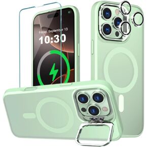 for iPhone 16 Pro MagSafe Women Case with Metal Adjustable Stand Ring, Ultra Magnets Matte Translucent Slim Protective with 1 Screen 1 Camera Lens Cover for iPhone 16 Pro 6.3"(Light Green)
