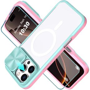 for iPhone 16 Pro MagSafe Clear Case with Slide Camera Lens Cover +1 Screen Protector, [Strong Magnets][Anti Yellow] Clear Anti Scratch Back Soft Frame for iPhone 16 Pro 6.3"(Deep Blue)